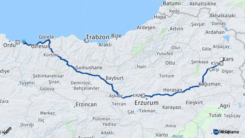 Giresun Bulancak Kars Arası Kaç Km - Yol Haritası