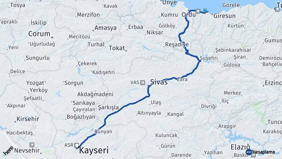 Giresun Bulancak Kayseri Arası Kaç Km - Yol Haritası