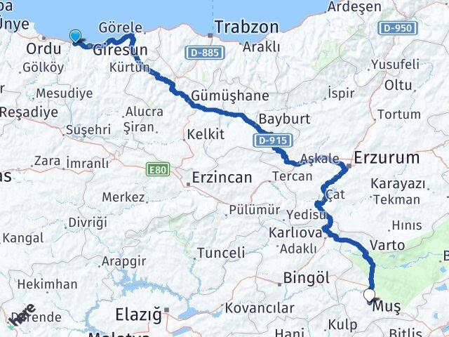 Giresun Bulancak Muş Arası Kaç Km - Yol Haritası