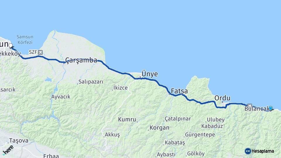 Giresun Bulancak Samsun Arası Kaç Km - Yol Haritası