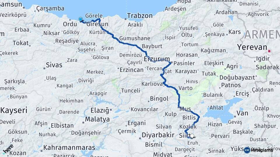 Giresun Bulancak Siirt Arası Kaç Km - Yol Haritası