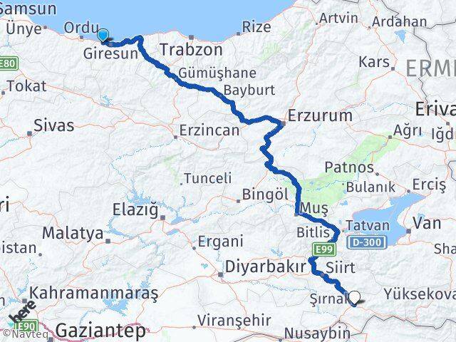 Giresun Bulancak Şırnak Arası Kaç Km - Yol Haritası