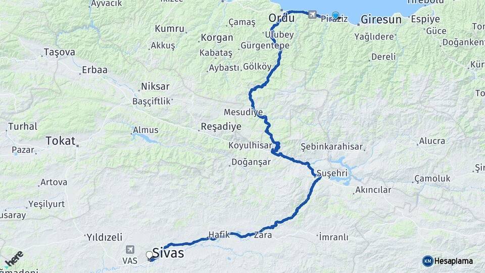 Giresun Bulancak Sivas Arası Kaç Km - Yol Haritası