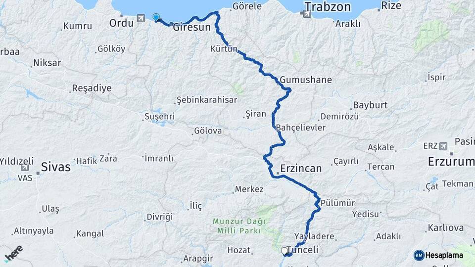 Giresun Bulancak Tunceli Arası Kaç Km - Yol Haritası