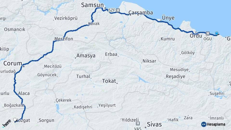 Giresun Bulancak Yozgat Arası Kaç Km - Yol Haritası