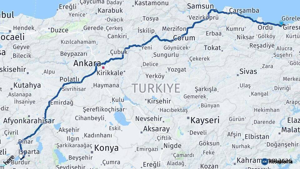Giresun Burdur Arası Kaç Km - Yol Haritası
