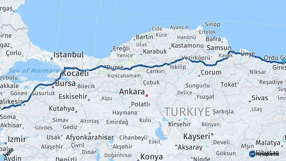 Giresun Burhaniye Balıkesir Arası Kaç Km - Yol Haritası