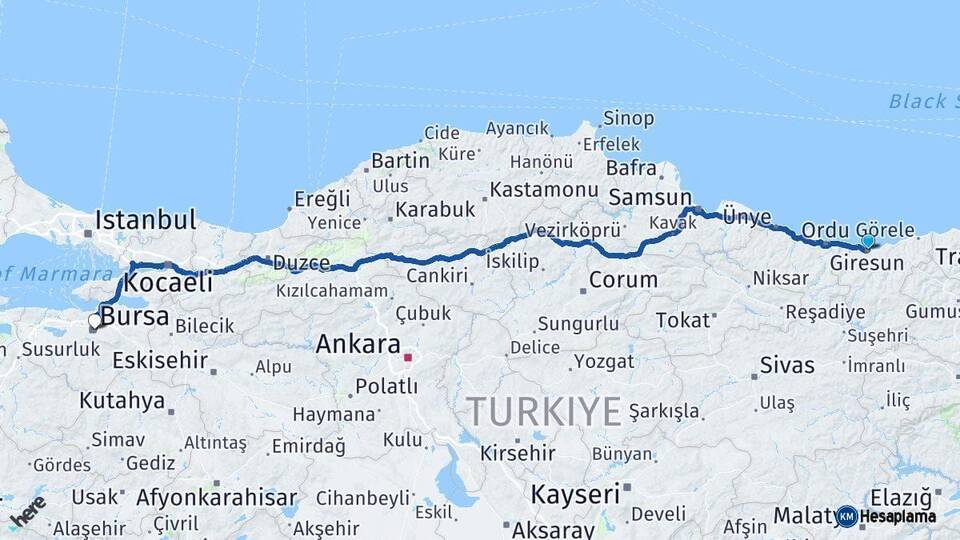 Giresun Bursa Arası Kaç Km - Yol Haritası