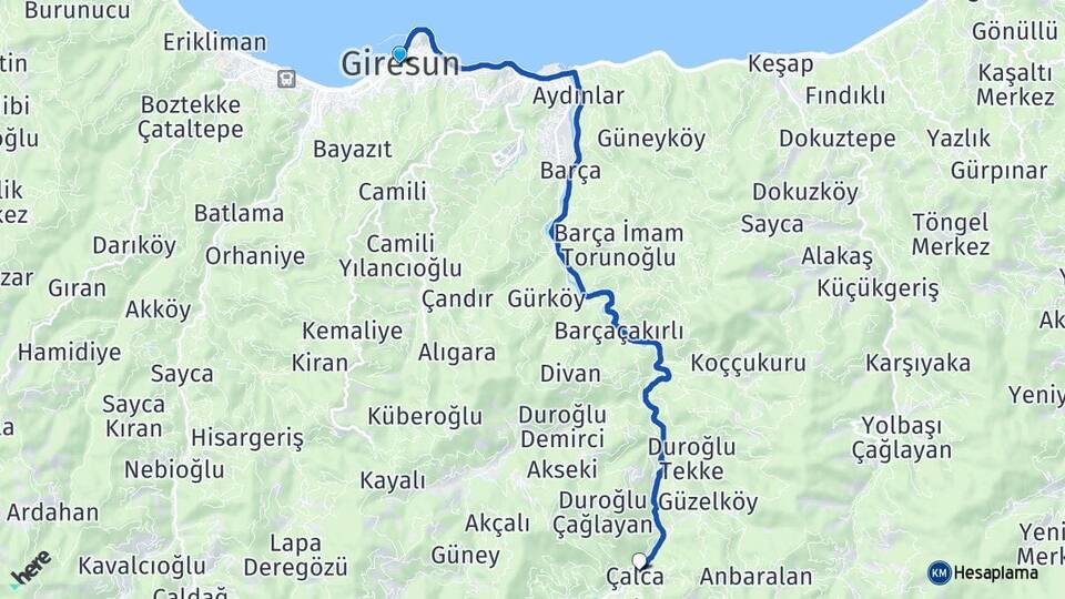 Giresun Çalca Dereli Arası Kaç Km - Yol Haritası
