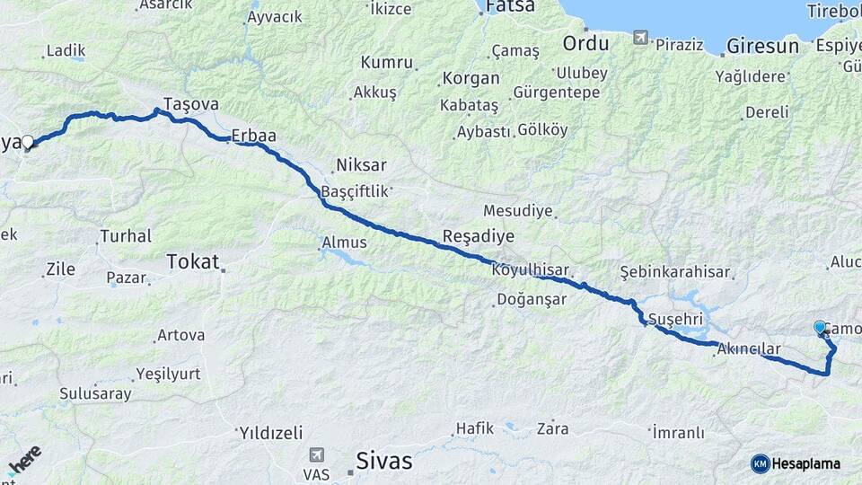 Giresun Çamoluk Amasya Arası Kaç Km - Yol Haritası