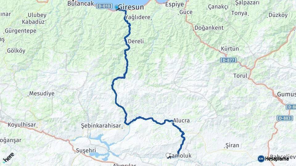 Giresun Çamoluk Arası Kaç Km - Yol Haritası