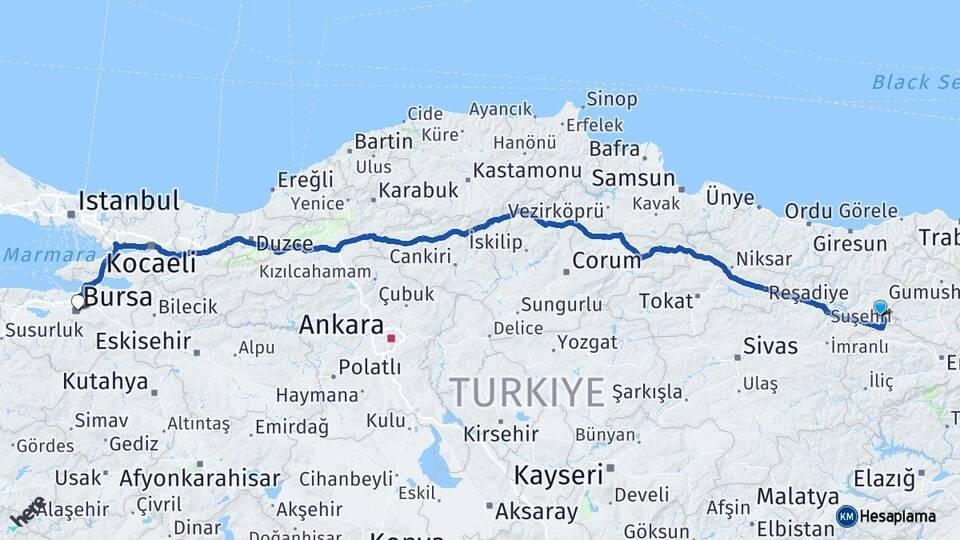 Giresun Çamoluk Bursa Arası Kaç Km - Yol Haritası