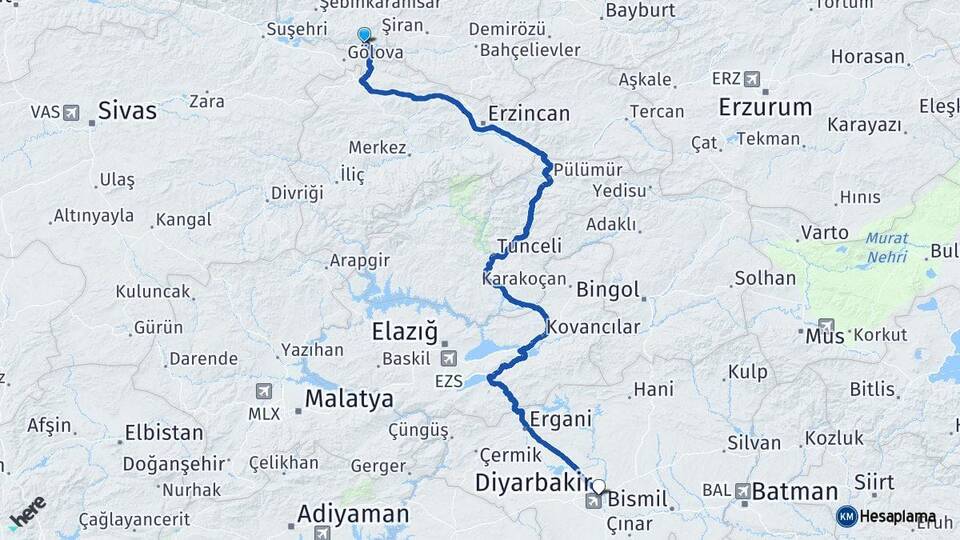 Giresun Çamoluk Diyarbakır Arası Kaç Km - Yol Haritası