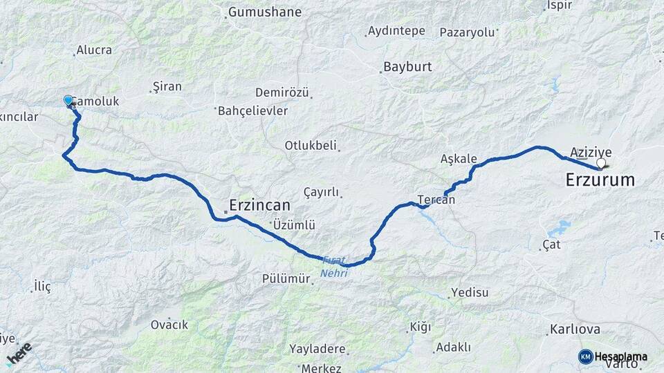 Giresun Çamoluk Erzurum Arası Kaç Km - Yol Haritası