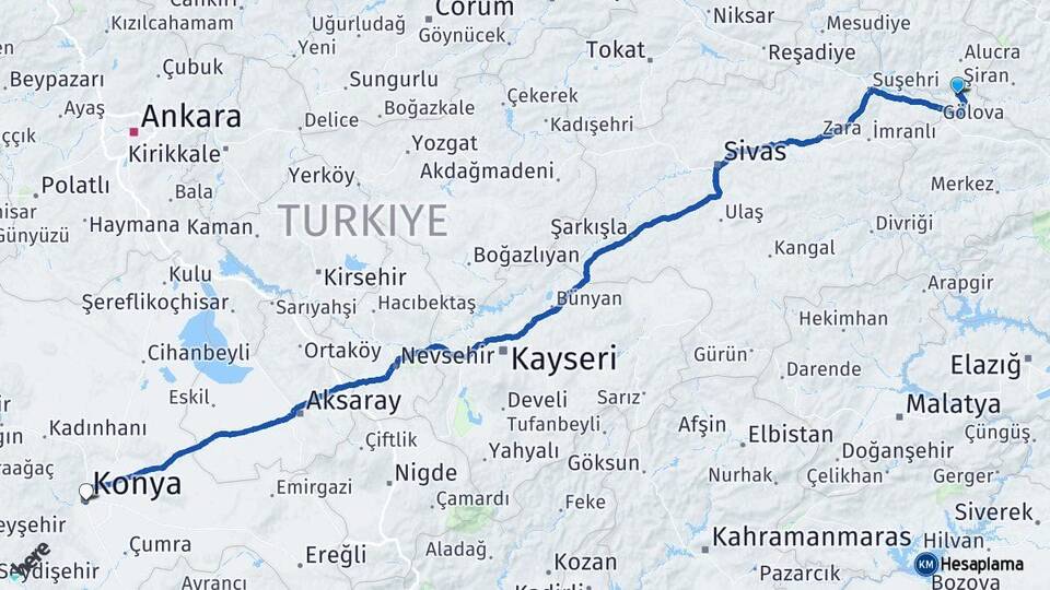 Giresun Çamoluk Konya Arası Kaç Km - Yol Haritası