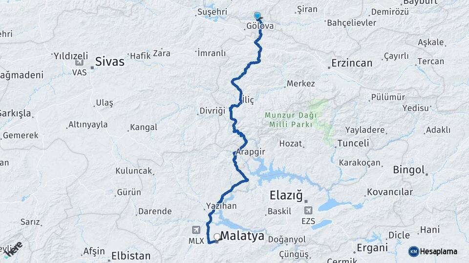 Giresun Çamoluk Malatya Arası Kaç Km - Yol Haritası