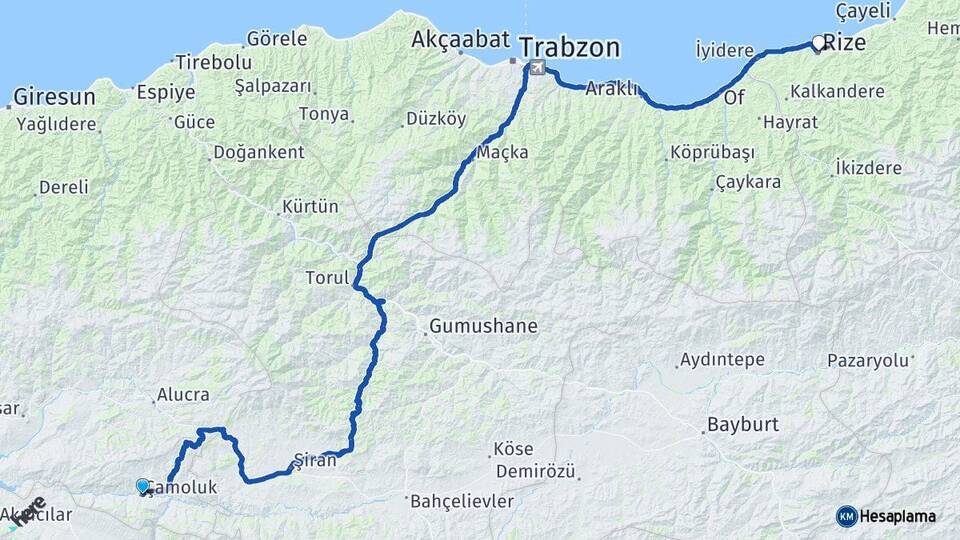 Giresun Çamoluk Rize Arası Kaç Km - Yol Haritası