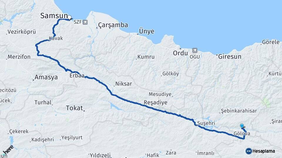 Giresun Çamoluk Samsun Arası Kaç Km - Yol Haritası