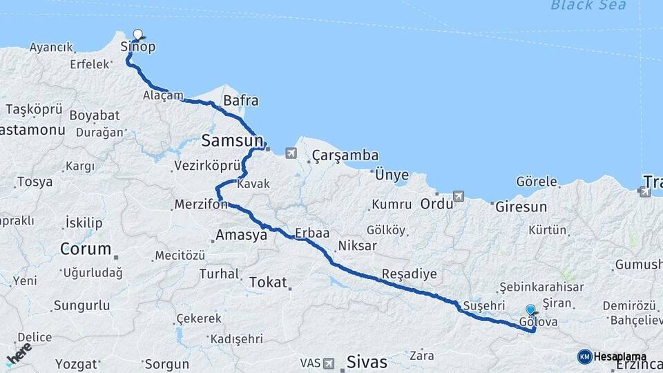 Giresun Çamoluk Sinop Arası Kaç Km - Yol Haritası