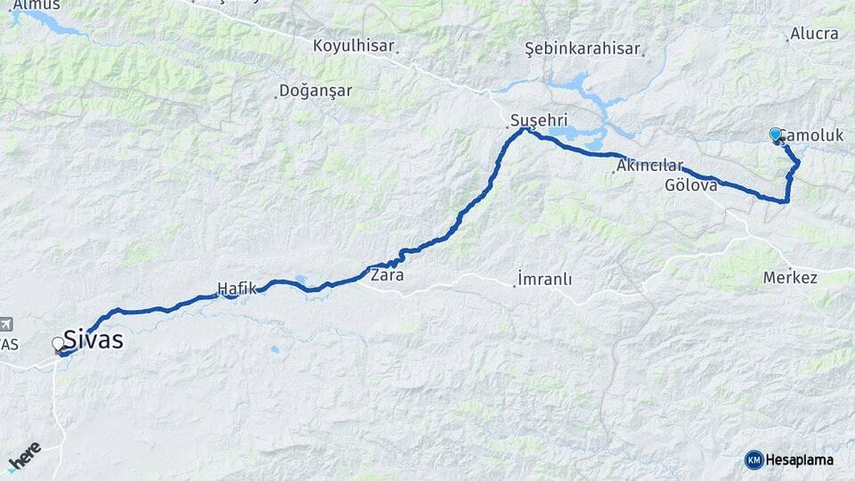 Giresun Çamoluk Sivas Arası Kaç Km - Yol Haritası