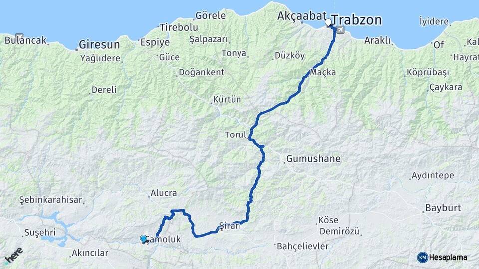 Giresun Çamoluk Trabzon Arası Kaç Km - Yol Haritası