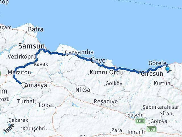 Giresun Çanakçı Amasya Arası Kaç Km - Yol Haritası