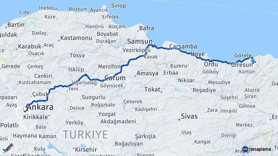 Giresun Çanakçı Ankara Arası Kaç Km - Yol Haritası
