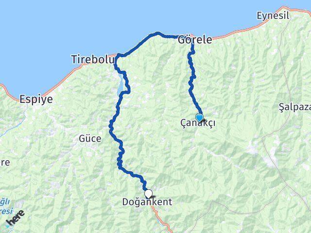 Giresun Çanakçı Doğankent Arası Kaç Km - Yol Haritası