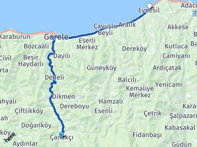 Giresun Çanakçı Eynesil Arası Kaç Km - Yol Haritası
