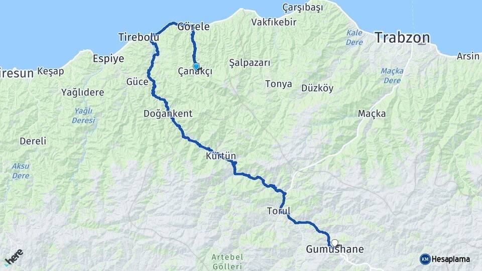Giresun Çanakçı Gümüşhane Arası Kaç Km - Yol Haritası
