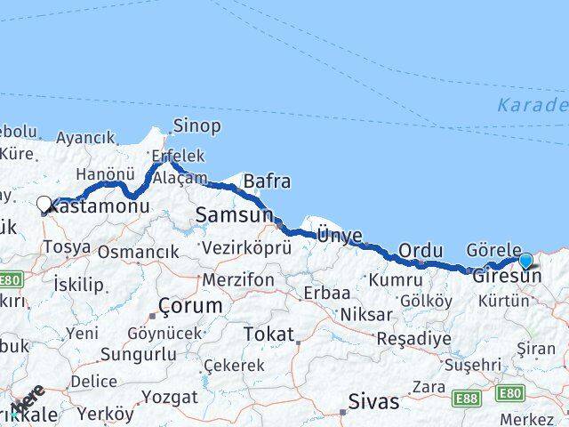 Giresun Çanakçı Kastamonu Arası Kaç Km - Yol Haritası