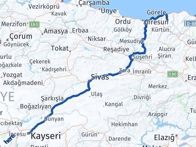 Giresun Çanakçı Kayseri Arası Kaç Km - Yol Haritası