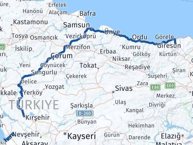 Çanakçı Kırşehir Arası Kaç Km - Yol Tarifi