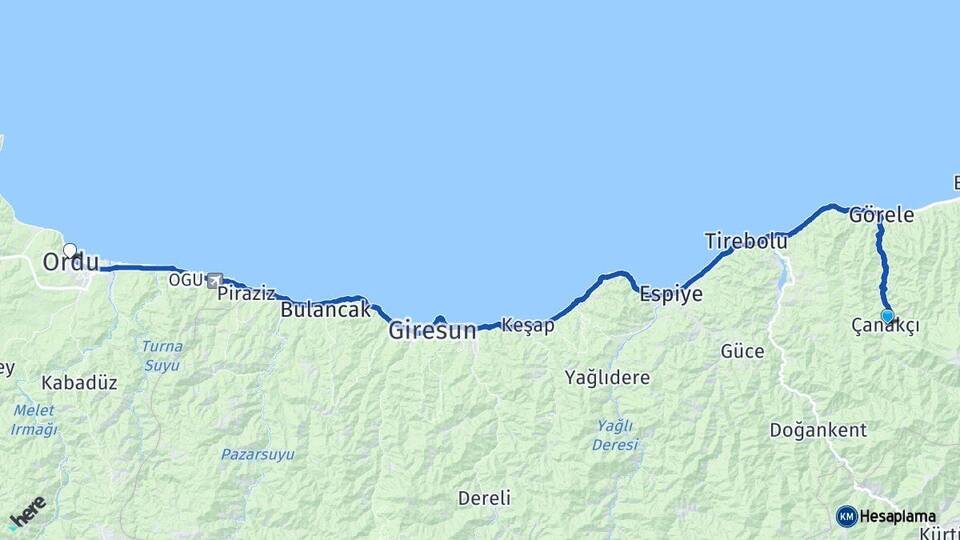 Giresun Çanakçı Ordu Arası Kaç Km - Yol Haritası