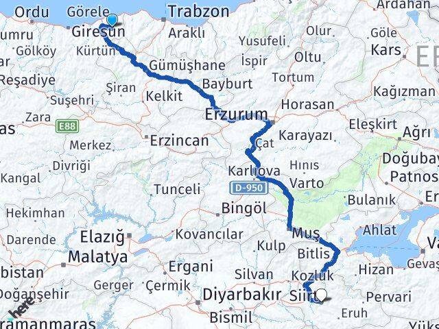 Giresun Çanakçı Siirt Arası Kaç Km - Yol Haritası