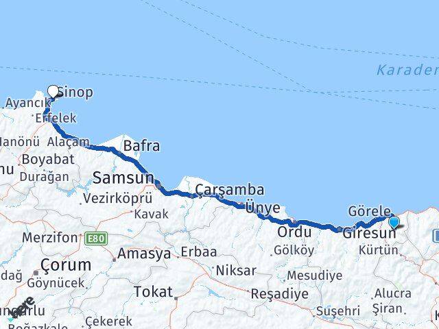 Giresun Çanakçı Sinop Arası Kaç Km - Yol Haritası