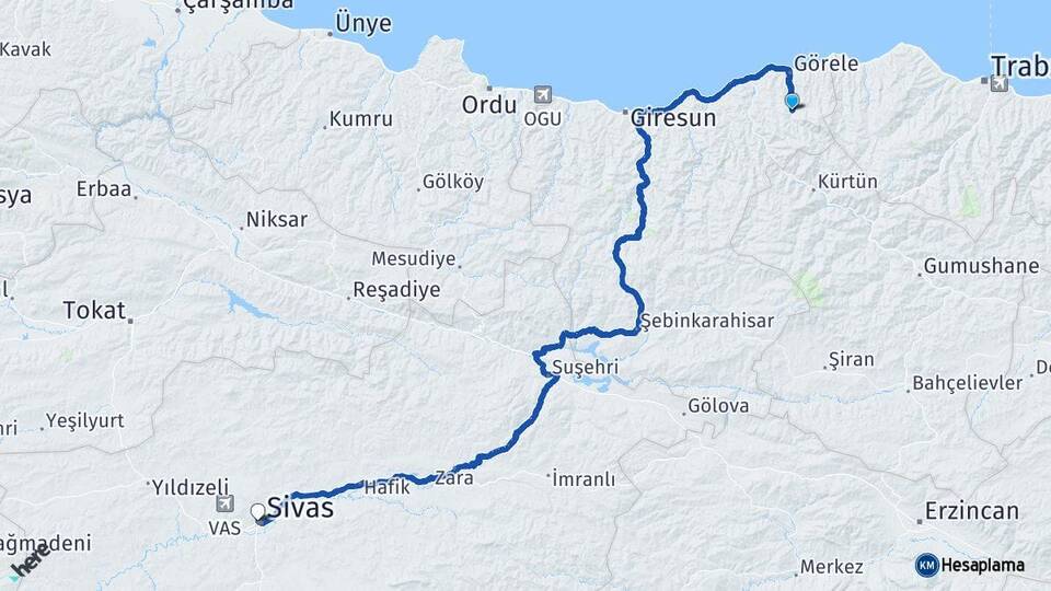 Giresun Çanakçı Sivas Arası Kaç Km - Yol Haritası