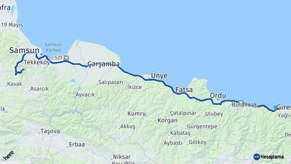 Giresun Canik Samsun Arası Kaç Km - Yol Haritası