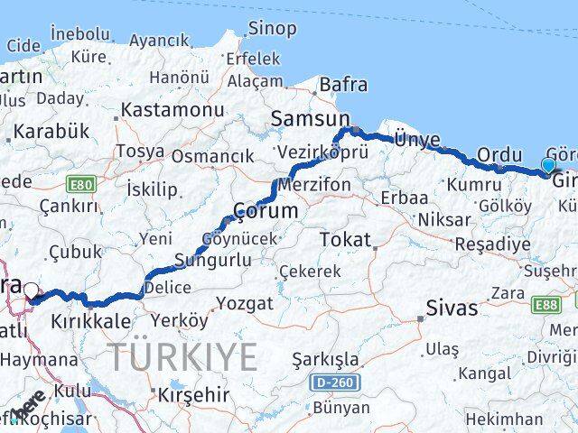 Giresun Çankaya Ankara Arası Kaç Km - Yol Haritası