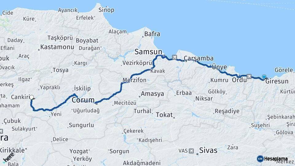 Giresun Çankırı Arası Kaç Km - Yol Haritası