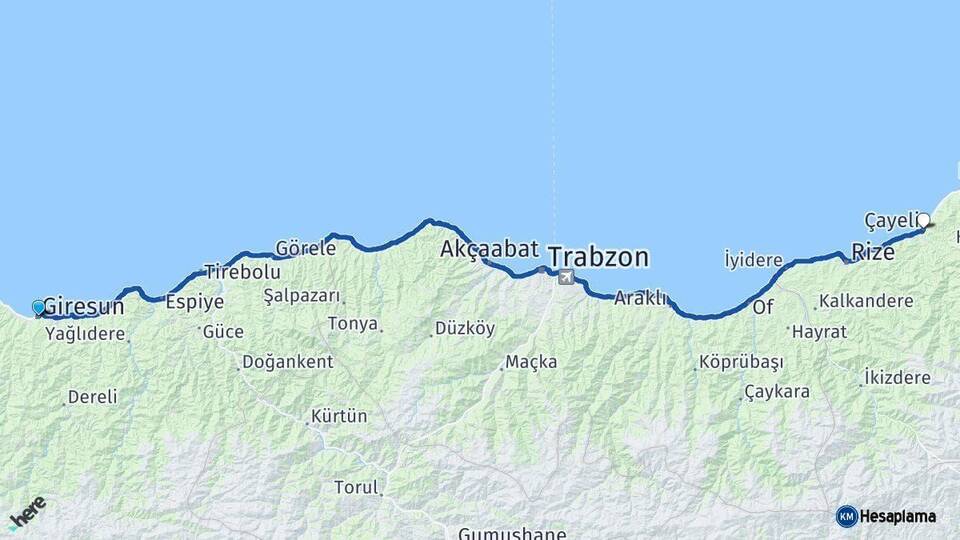 Giresun Çayeli Rize Arası Kaç Km - Yol Haritası