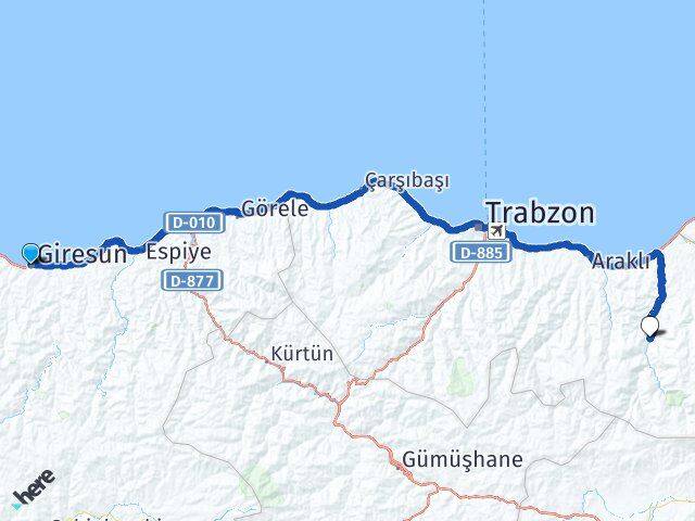 Giresun Çaykara Trabzon Arası Kaç Km - Yol Haritası