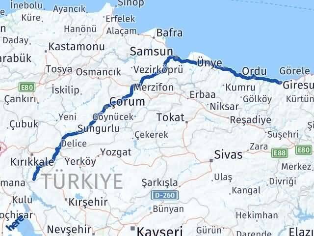 Giresun Çelebi Kırıkkale Arası Kaç Km - Yol Haritası