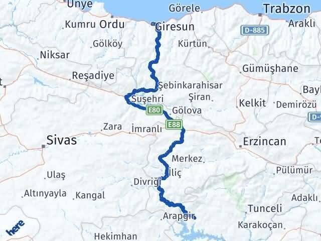 Giresun Çemişgezek Tunceli Arası Kaç Km - Yol Haritası