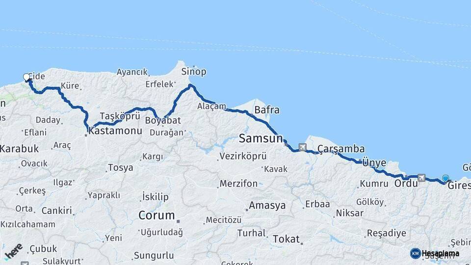 Giresun Cide Kastamonu Arası Kaç Km - Yol Haritası