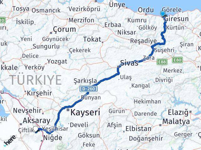 Giresun Çiftlik Niğde Arası Kaç Km - Yol Haritası