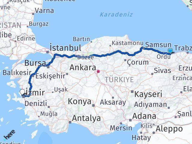 Giresun Çiğli İzmir Arası Kaç Km - Yol Haritası
