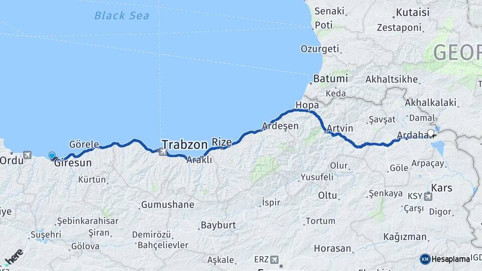 Giresun Çıldır Ardahan Arası Kaç Km - Yol Haritası