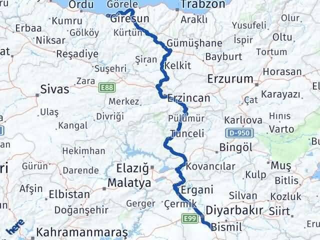 Giresun Çınar Diyarbakır Arası Kaç Km - Yol Haritası