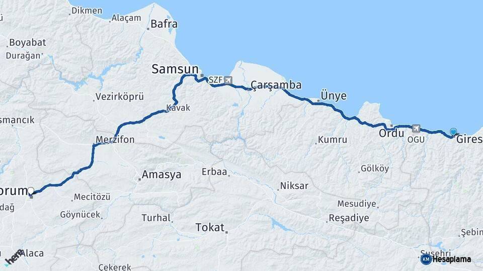 Giresun Çorum Arası Kaç Km - Yol Haritası